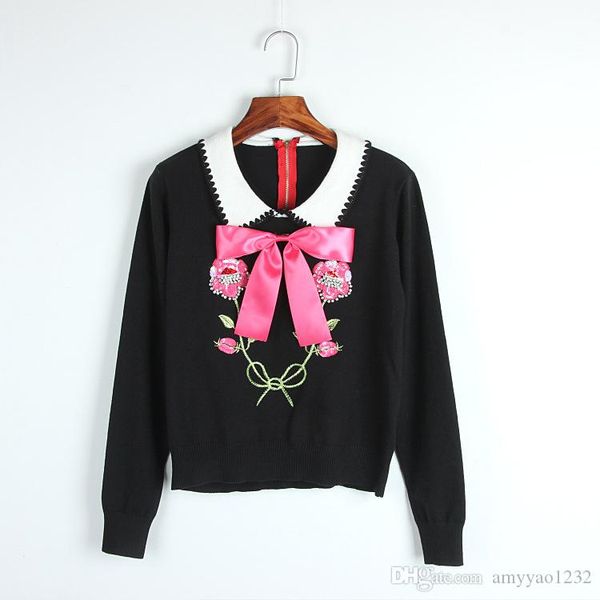 

2017 brand same style sweater black pullover long sleeve lapel neck solid embroidery sequins autumn women clothes 1f, White;black