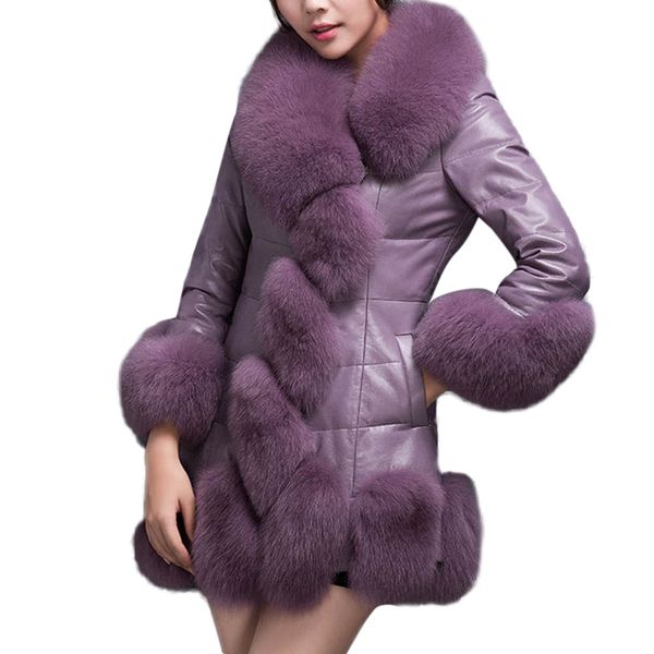 

winter fashion ladies faux fur coat elegant warm splice outerwear long fake fur down jackets women solid real coat plus size, Black