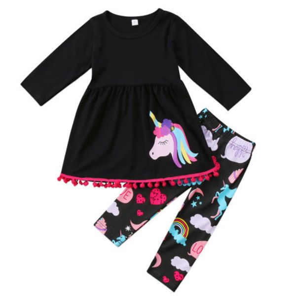 

autum kid girls clothing set unicorn toddler kids baby girls outfits clothes long sleeve t shirt leggings, White