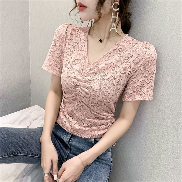 

2020 v-neck hollow drawstring foreign style short-sleeved female 2020 v-neck shirt lace hollow drawstring foreign style short-slee, White