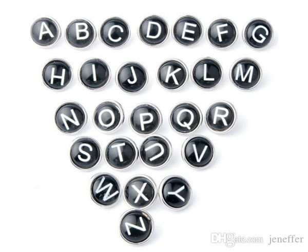 

26pcs/set 12mm glass charm black englisa letter from a-z noosa button snap button diy jewelry charm fit necklace bracelet drop ship