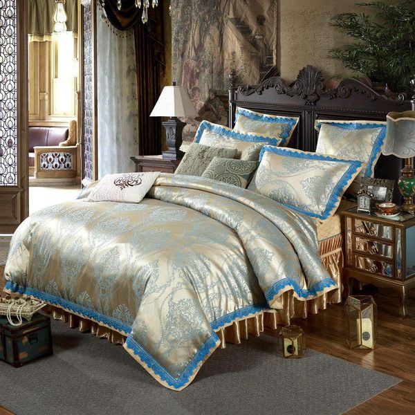

satin silky bedding duvet cover bedskirt bedspread set european style zipper cloure king  size j/6 pieces