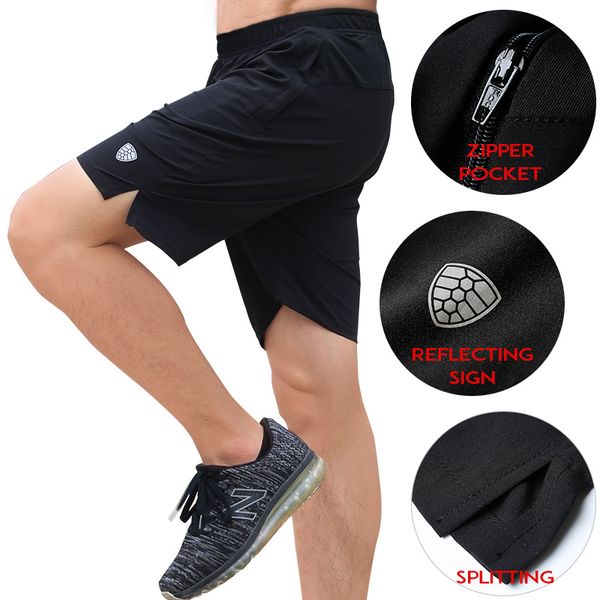 

reflective running shorts men training pants marathon quick dry fitness gym sport shorts with pocket trousers, Black;blue
