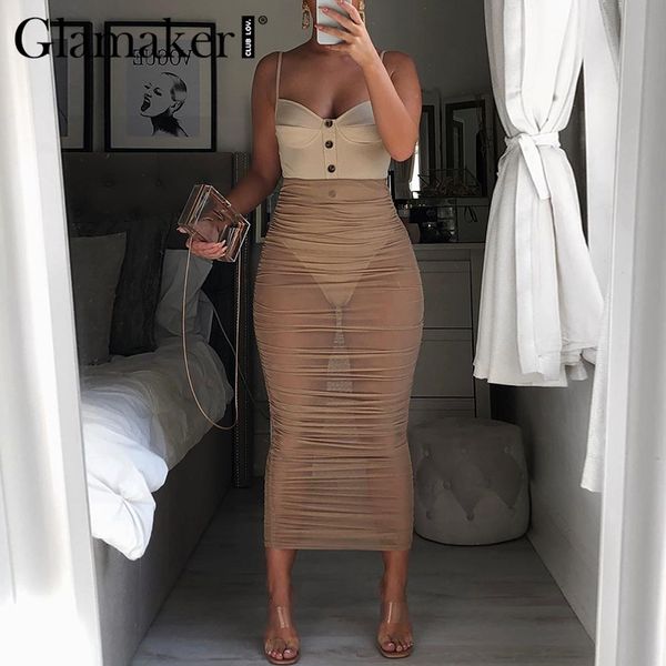 

glamaker mesh прозрачной 2 частей комплекта сарафане sexy рукавов кнопки bodycon макси платье элегантный гофрированную весна лето платье, Black;gray