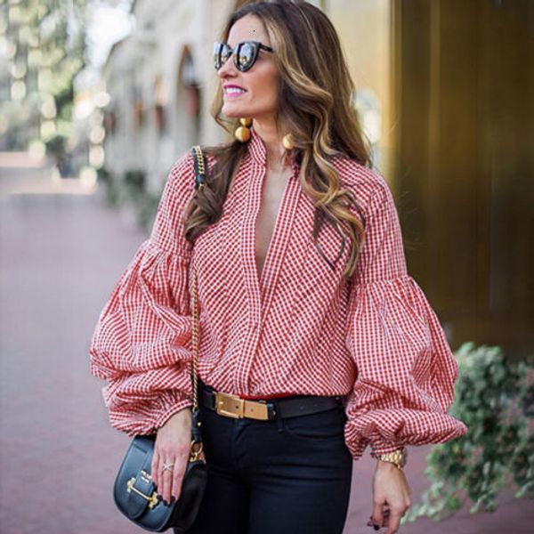 

fashion women pulf long sleeve loose blouse casual shirt summer red blue plaid drop shipping, White