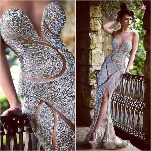 

luxury beaded silver gold mermaid evening dresses long high slit party evening gowns for women vestidos de festa longo, Black;red