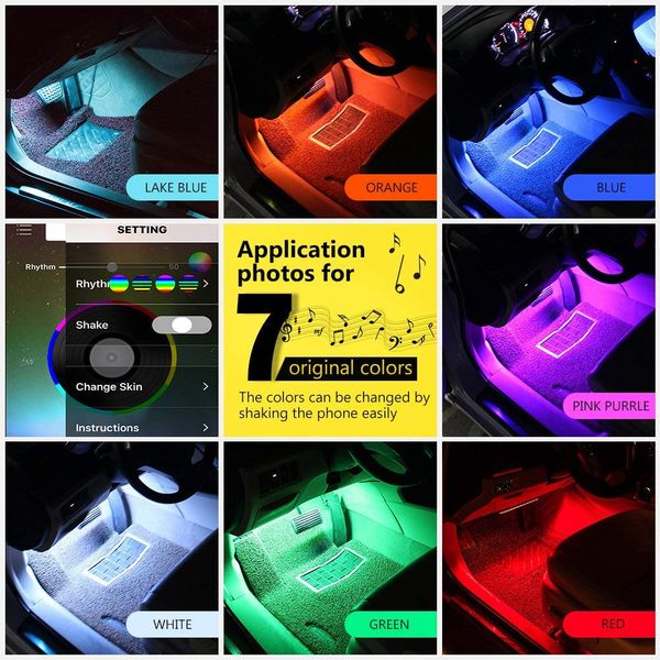 

car led strip lights, dc12v 4pcs 72 led bluetooth app control interior lights multi color music car strip light under dash lighting kits