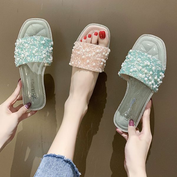 

жемчужные блестки плоские тапочки женские летние туфли с открытым носком плоские сандалии сладкие женские тапочки на открытом воздухе женски, Black