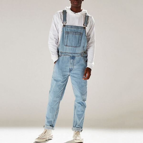 

men's denim bib pants washed full length jeans jumpsuits hip hop straight jean overalls for men streetwear new male jumpsuit d25, Blue