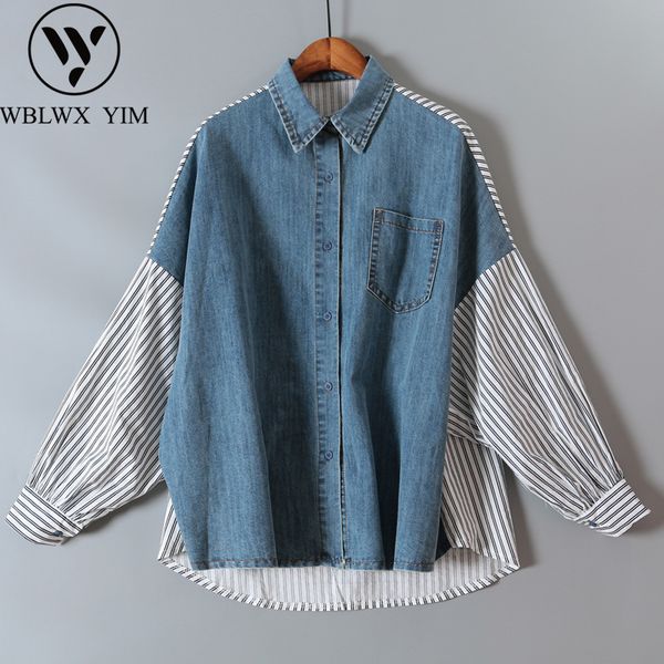 

весна женщины лоскутная рубашка мода denim сращивания с длинным рукавом рубашки женские топы и качественные рубашки блузы high свободная блу, White