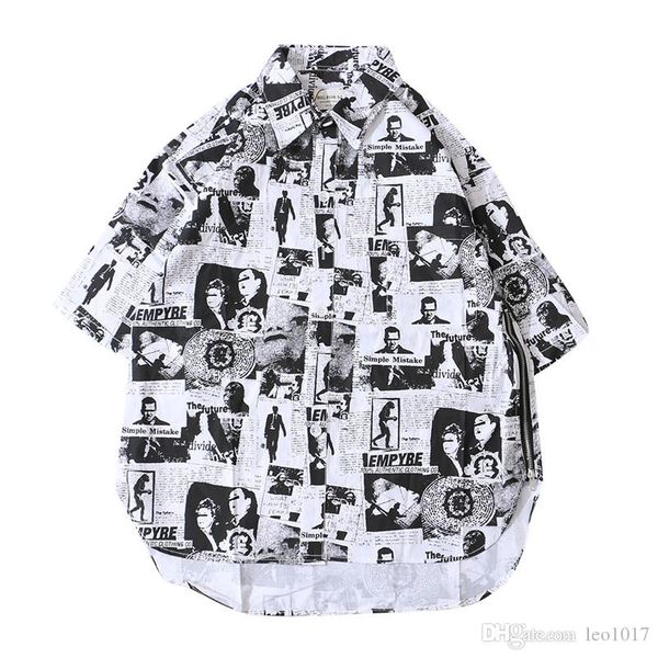 

black white vintage printed side zipper hip hop shirt 2018 summer front short back long men's shirts short sleeve 8919ou