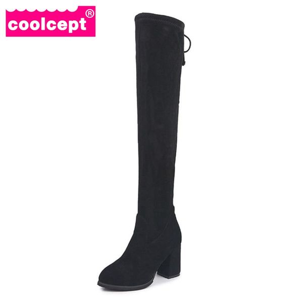 

coolcept women over knee boots high heels female back strap long botas round toe solid color winter footwear size 35-39, Black