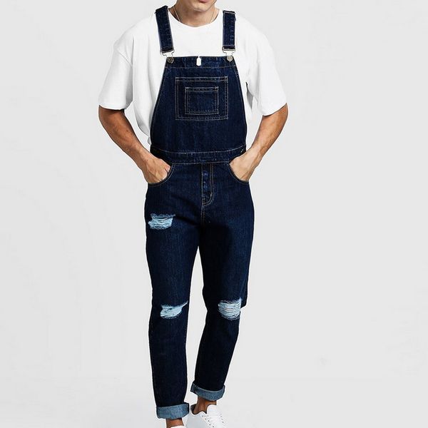 

men's fashion holes distressed slim fit stretch jeans 2019 new mens denim bib overall jumpsuits casual straight loose jeans, Blue