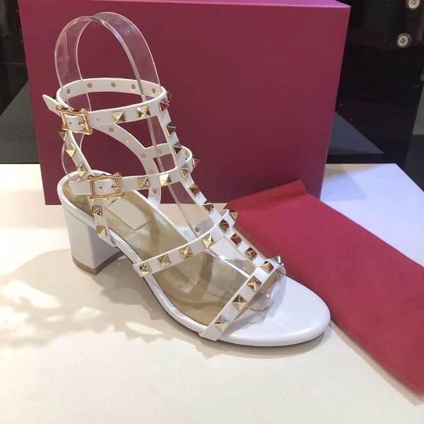 

cow leather high heel sandal lady leather buckle strap rubber sole chunky heel sandal with box size;34-41, Black