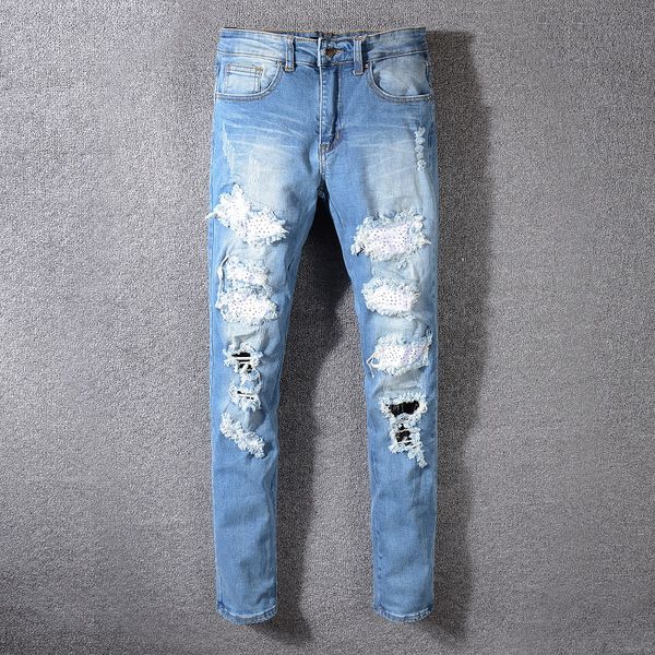 

мужские джинсы дизайнер рваный человек хип-хоп джинсы тонкие джинсы прямые байкерские марки ami синие джинсы мотоцикла новый 2019, Blue