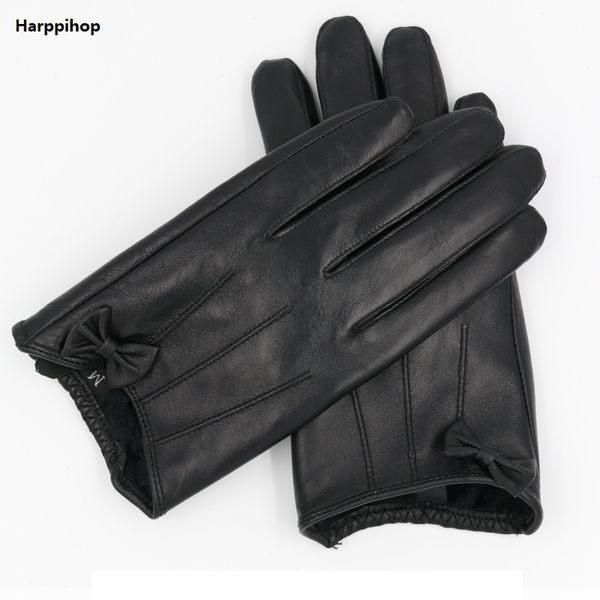 

harppihop winter genuine leather gloves women short red black green ladies glove new brand bowknot sheepskin mittens guantes, Blue;gray