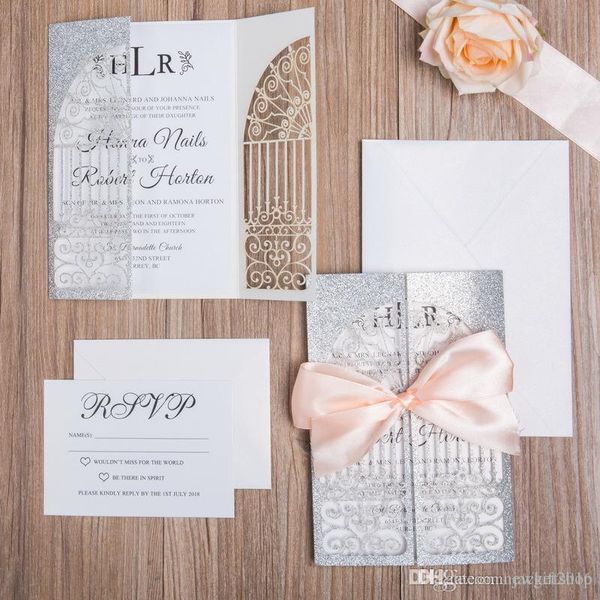 Glittery Laser Cut Gatefold Wedding Invitations 2019 Silver Gold