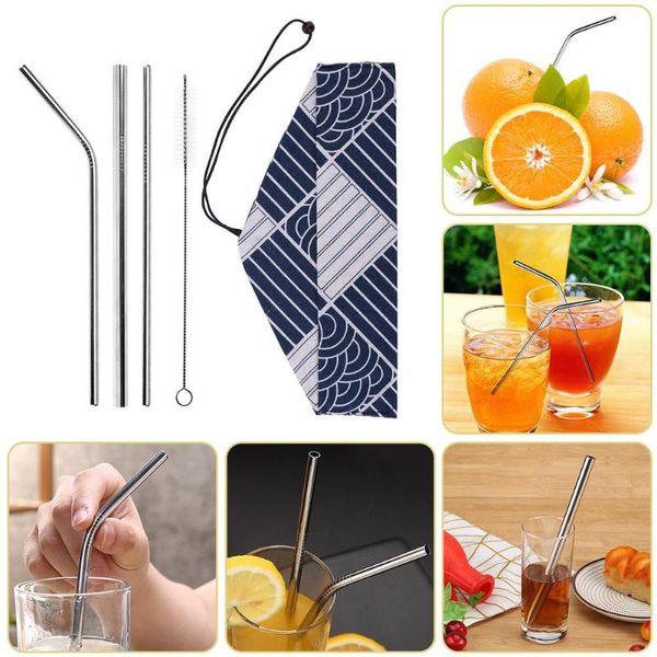 

5pcs/set reusable metal drinking straws 304 stainless steel sturdy bent straight drinks straw with cleaning brush bar party