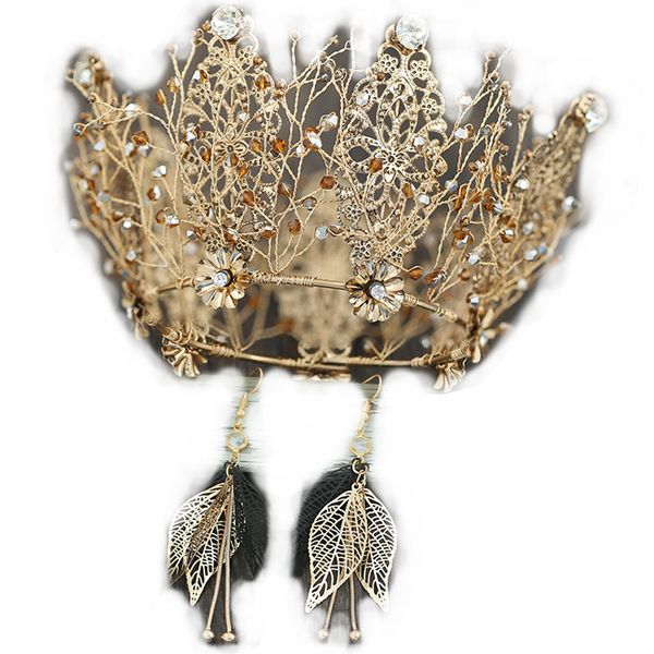 

korean bride crown headdress earrings set gold atmosphere wedding crown dress accessories wedding hair accessories, Golden;white