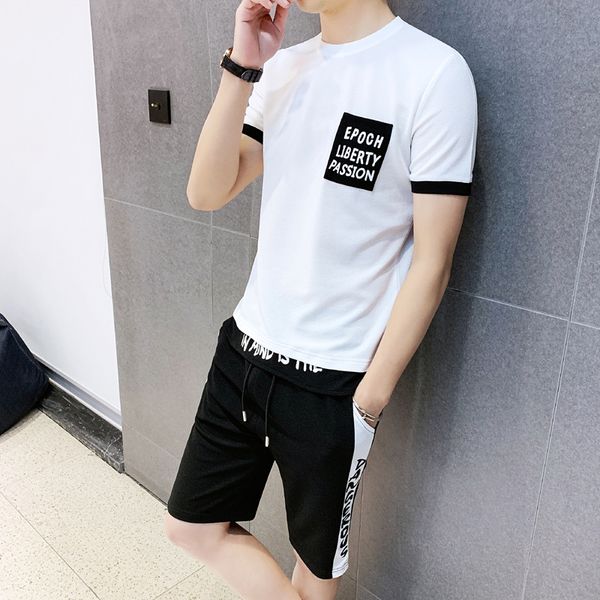 

2020 summer sports suit new men's casual two-piece suit korean slim thin section short-sleeved t-shirt shorts tide asian size, Gray