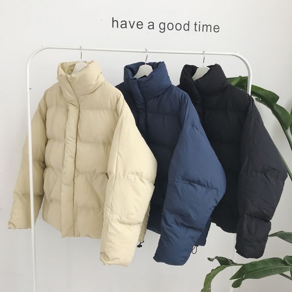 

winter jacket men warm thick parka men fashion simple color casual cotton coat man wild loose collar jacket male clothes, Black