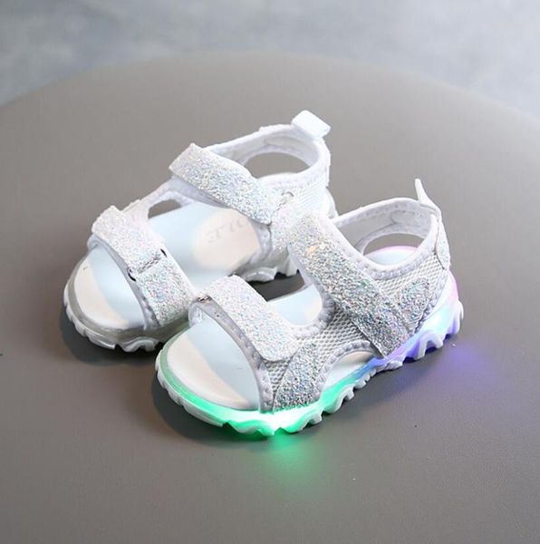 

new girls sequins led sandals kids light sandals children beach shoes non-slip soft toddler sandal, Black;red