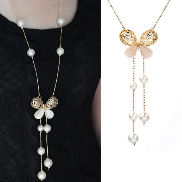 

new arrival elegant opal butterfly pendant long necklace tassel imitation pearls sweater chain fashion accessories for women, Silver