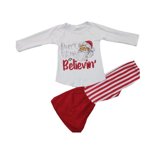 

pretty santa pattern girl long sleeve outfit girl white cotton and stripe pants