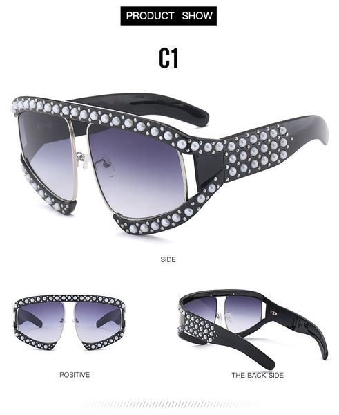 

площадь 5719 мода big frame солнцезащитные очки 2019 new pearl инкрустированные большие солнцезащитные очки высокого качества multicolor cat, White;black