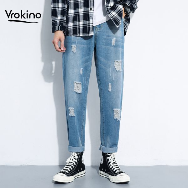 

men's jeans 2021 spring and summer hip hop ripped loose fashionable youth straight hole denim trousers, Blue