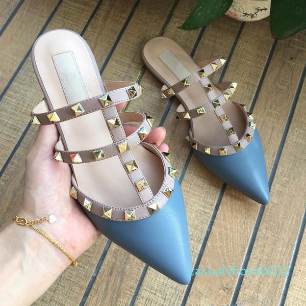 

women flat slippers slip on mules rivet t-strap slides slip on loafers ladies pointed toe 2-strap with studs sandals q-592 12c, Black