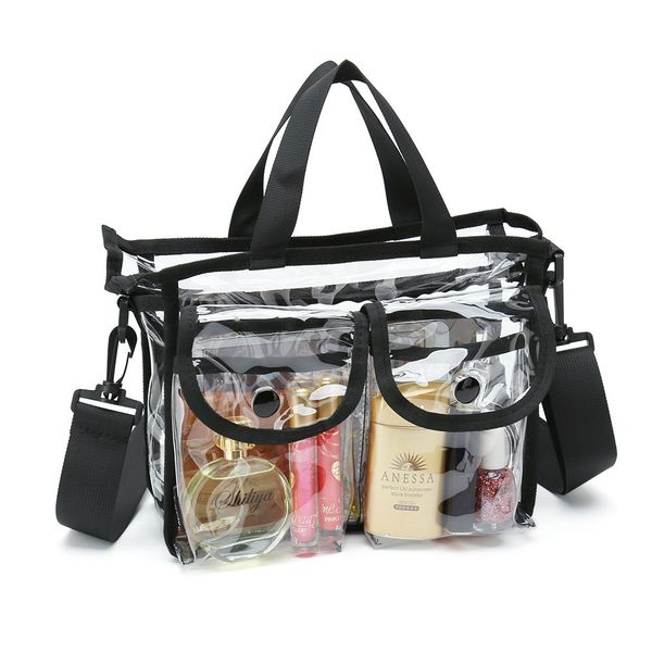 

clear pvc cosmetic bags with removable and adjustable shoulder strap, durable makeup bag with side button pocket clear purses