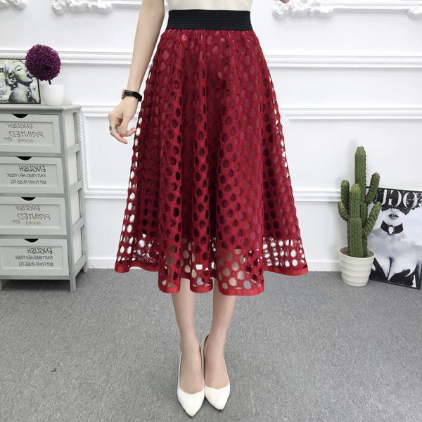 

skirts women girl summer new high-waist wild thin a word tutu circle hollow lace skirt long female, Black;gray