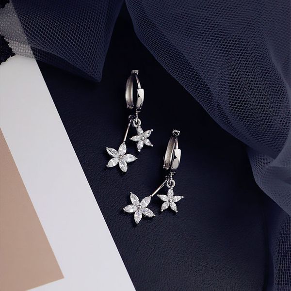 

925 sterling silver earring fashion zircon double flower short pendant earring sweet wild trend wild female silver ear jewelry, Golden;silver