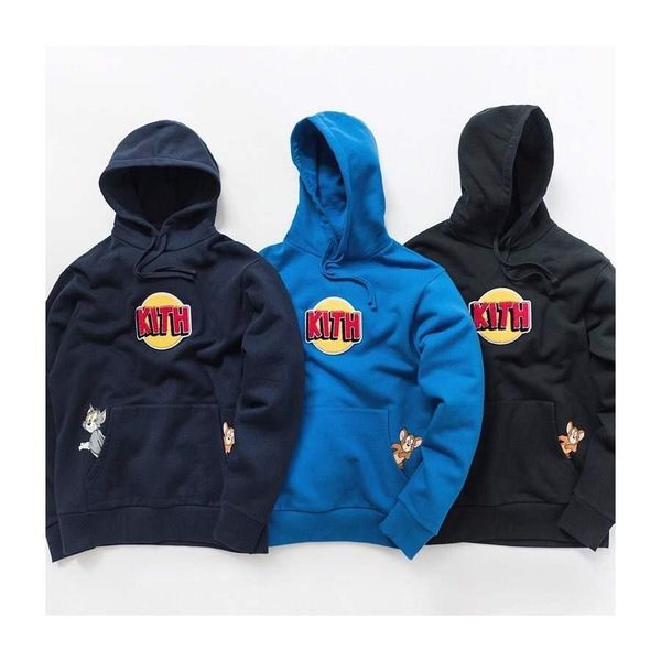 

19ss autumn hoodies hip hop long sleeve hooded kith x tom jerry hoodie plush hooded sweater coat s-xl navy k32, Black