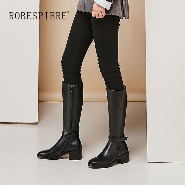 

robespiere new winter warm plush boots women quality cow leather classics square toe large size shoes buckle knee high boots b15, Black