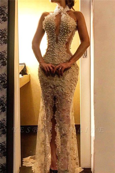 

2019 high neck lace mermaid prom dresses vintage pearl beaded high side split evening gown long open back formal dresses bc2710, Black;red