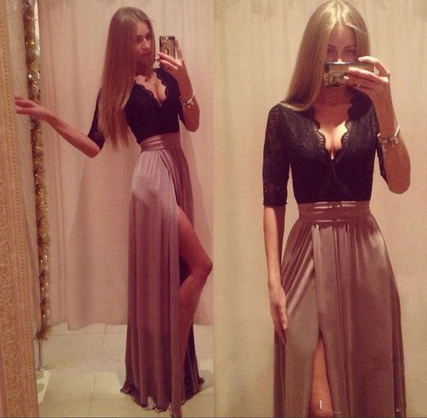 

formal black and champagne split long evening dresses v neck lace half sleeve prom gowns bridesmaid dresses maid of honor desses, White;pink