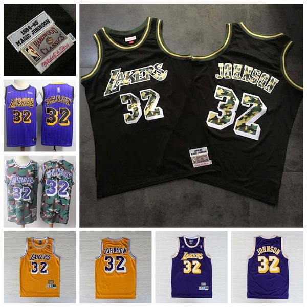 

retro mitchell & ness classic #32 earvin johnson basketball jersey stitched embroidery mesh retro los angeles, Black