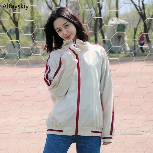 

jackets women casual patchwork long sleeve striped stand zipper korean style loose basic jacket ulzzang chic comfortable 2019, Black;brown