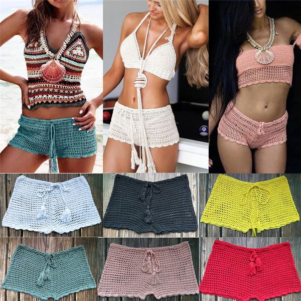 

2019 summer women plain swim shorts bikini swimwear boy style short crochet bottoms