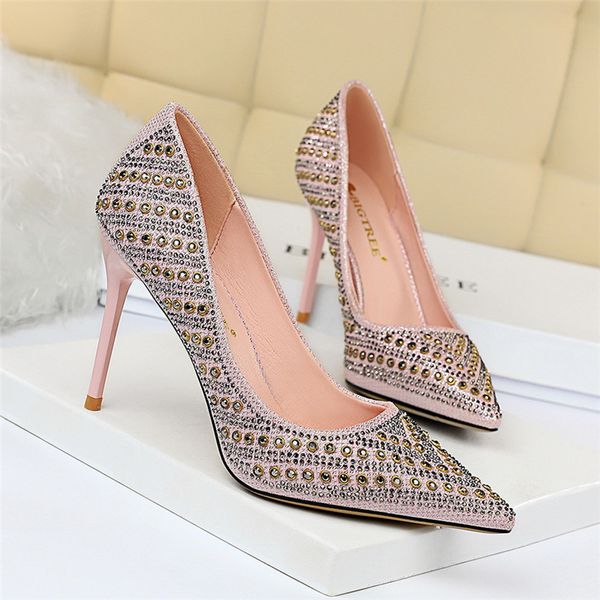 

2020 spring women rivet pink white high heels pumps stiletto female luxury designer glitter crystal wedding party shoes big size, Black