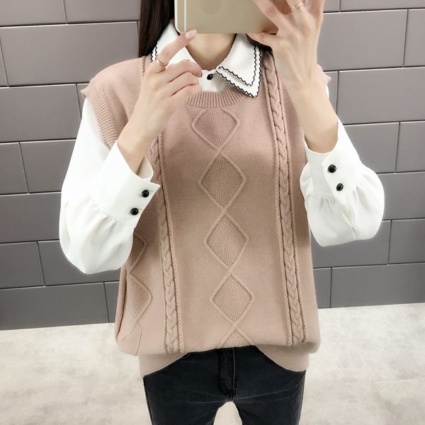 

autumn winter women o-neck knit twist vest sleeveless waistcoat loose sweater coat sueter mujer invierno 2019 pull femme, White;black