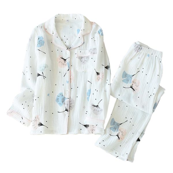 

spring fresh ginkgo 100% crepe cotton pajama sets women sleepwear white pure cotton japanese long sleeve women pyjamas 2020, Black;red