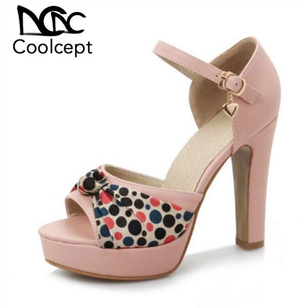 

coolcept pu leather women sandals platform peep toe high heel shoes women buckle daily party club footwear size 33-43, Black