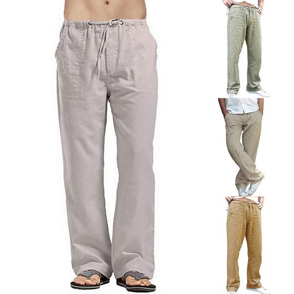 

2019 summer mens cotton linen pants cool thin trousers breathable casual trousers man solid straight business cargo pants, Black