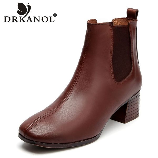 

drkanol new handmade genuine leather women thick heel boots winter warm boots retro elastic band classic high heels shoes ha09-2, Black