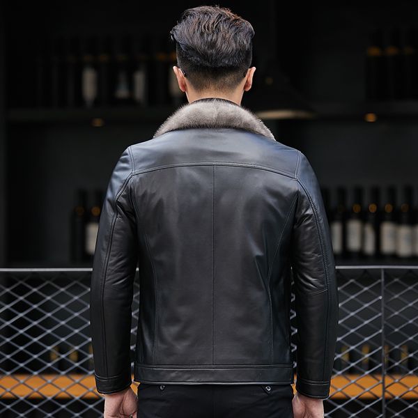 

men's leather & faux sheepskin genuine men winter jacket mens real collar warm duck down coats ct2906 yy529, Black