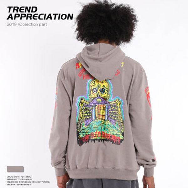 

designer mens hiphop hoodies trendy kenye west skulls pattern pullover luxury letter lonely place mens clothes streetwear for cool teens, Black