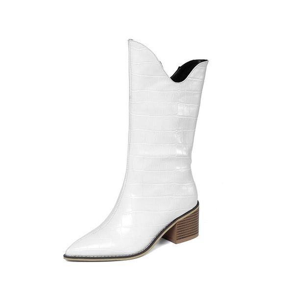 

boots women autumn winter genuine leather mid-calf square high heel short pointed toe quality riding 6261-1, Black